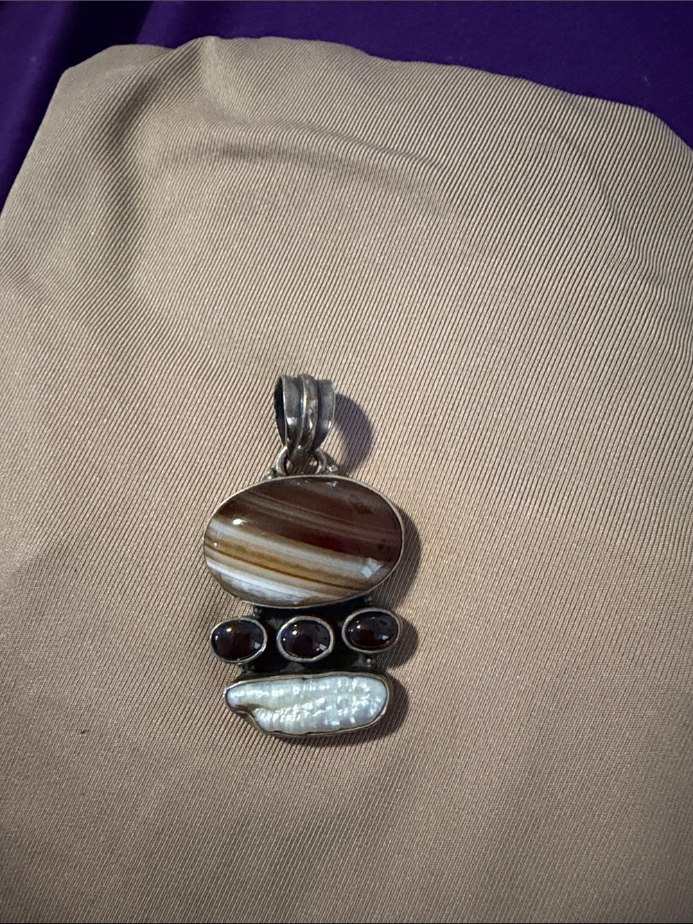 Sterling Silver Multi-Stone Pendant with Brown Striped Agate and Pearl